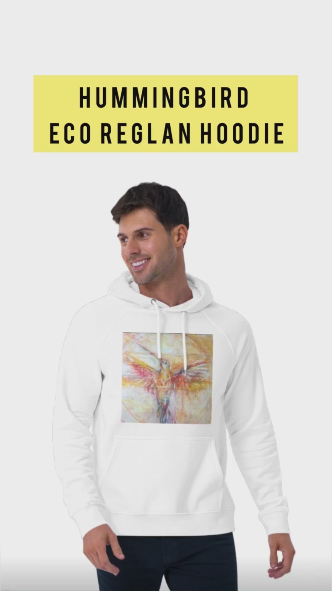 Eco-Friendly white unisex hoodie with exclusive artwork "The Hummingbird" print 