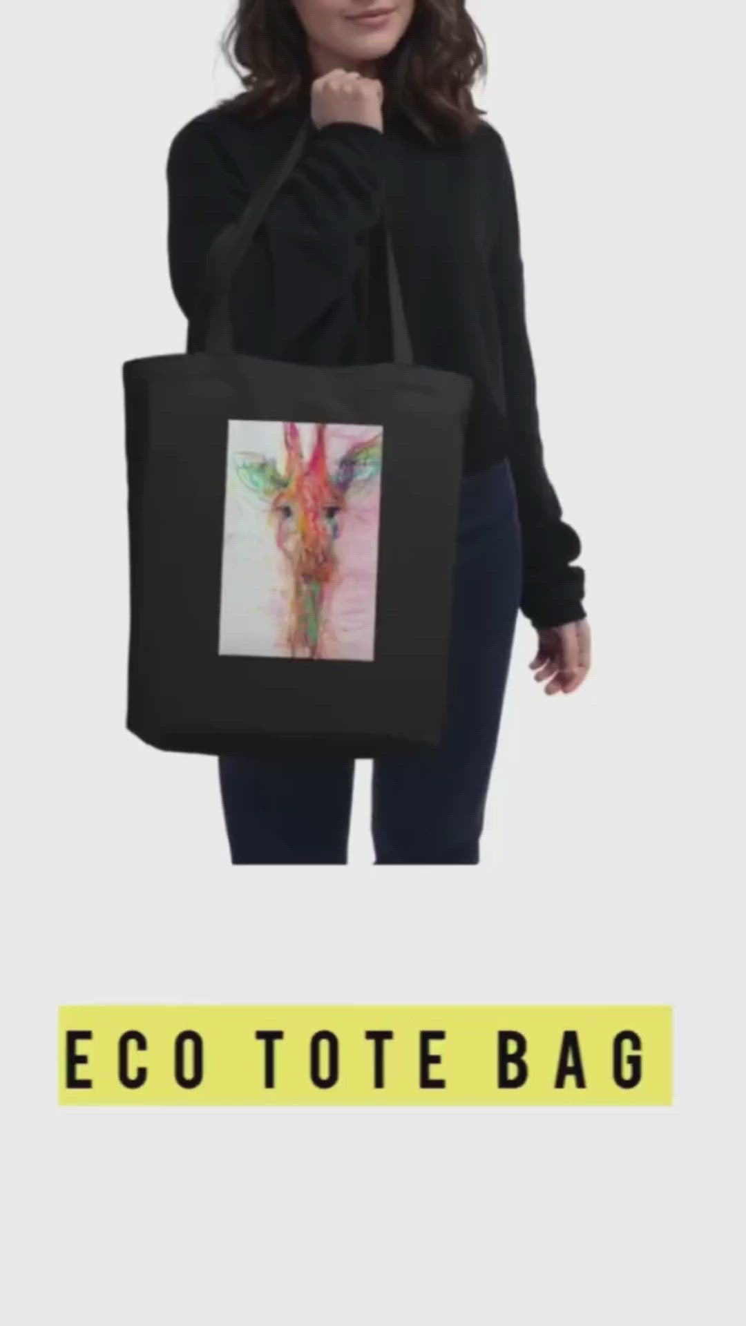 Black tote bag 100% certified organic cotton with exclusive artwork "Real Gone Giraffe" print 