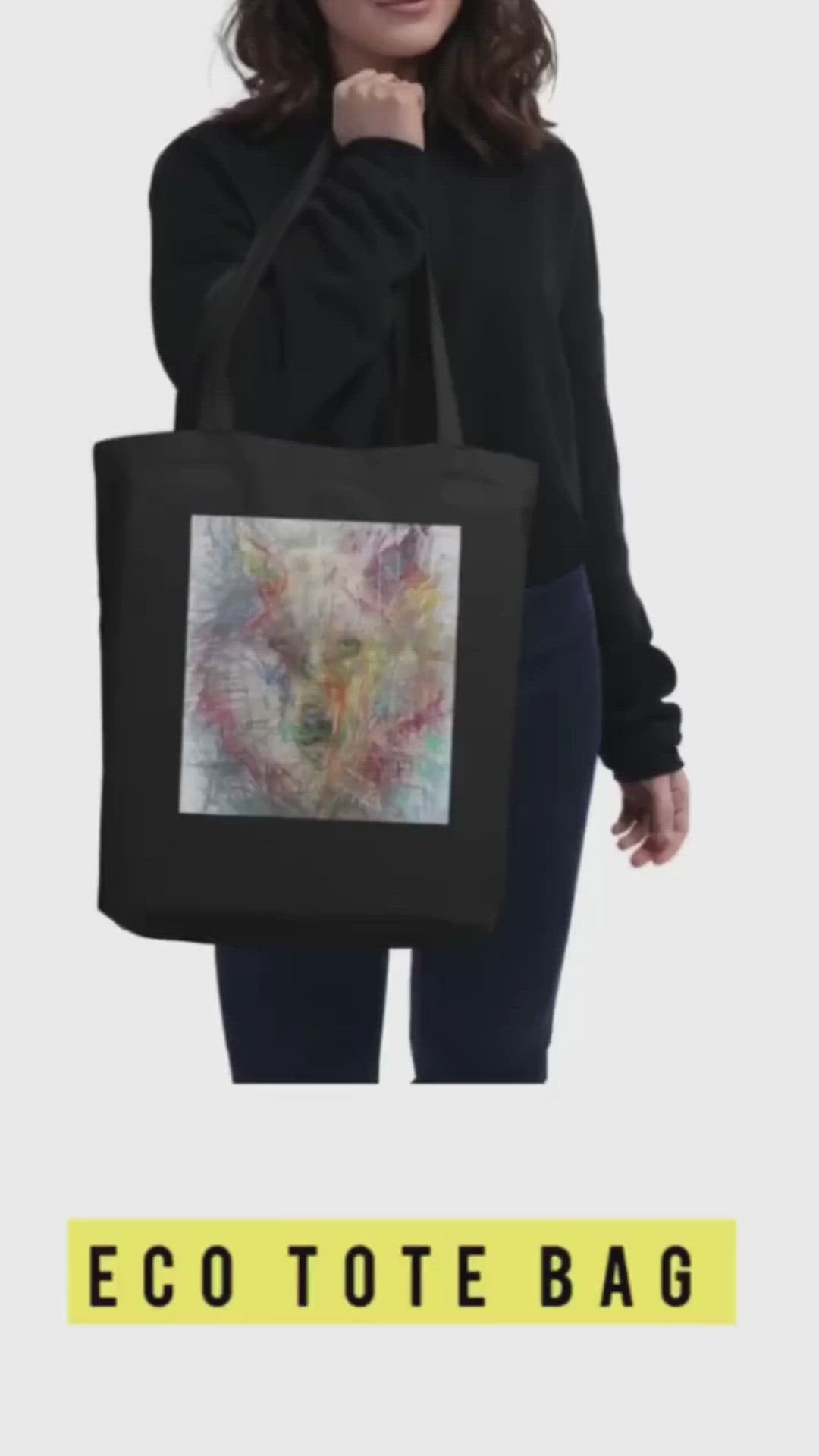 Black tote bag 100% certified organic cotton with exclusive artwork "Wolf Spirit" print 