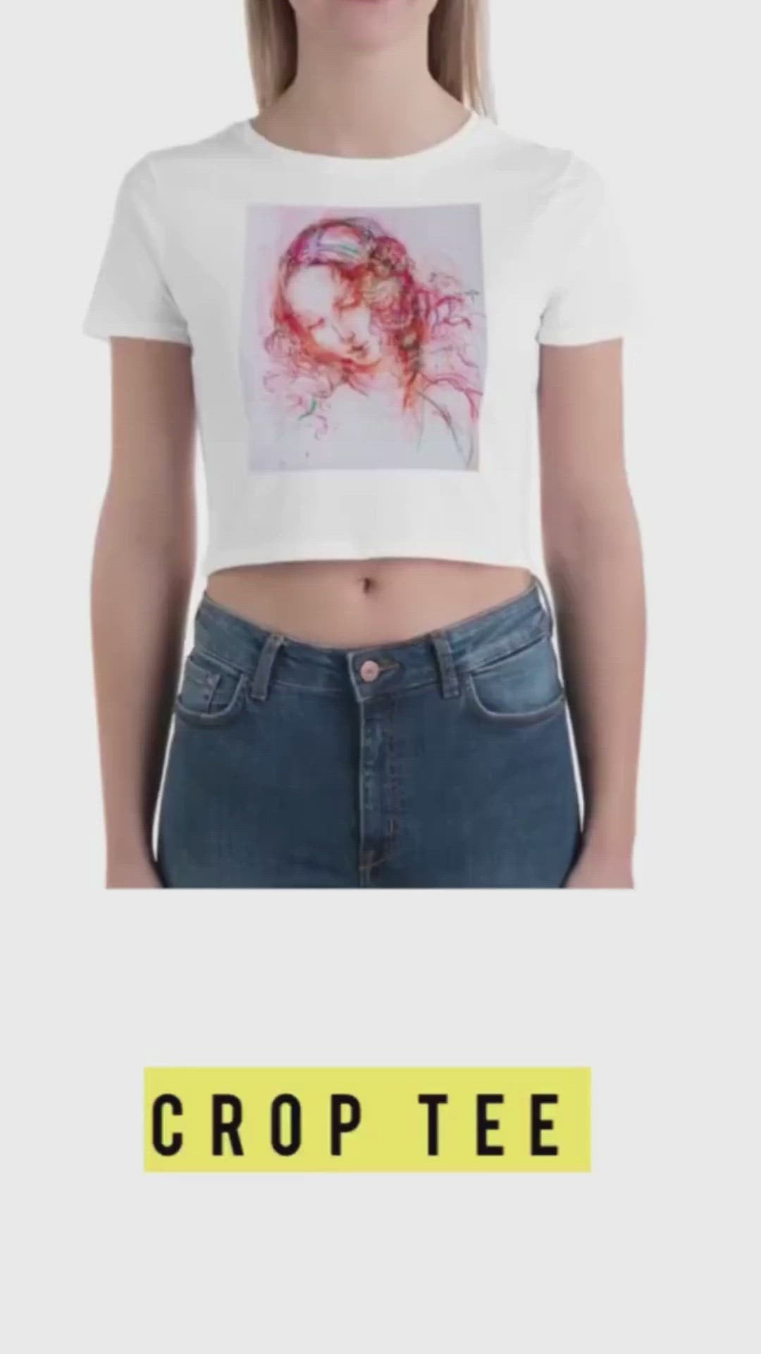 White crop top with exclusive artwork "Pink Leda" print 