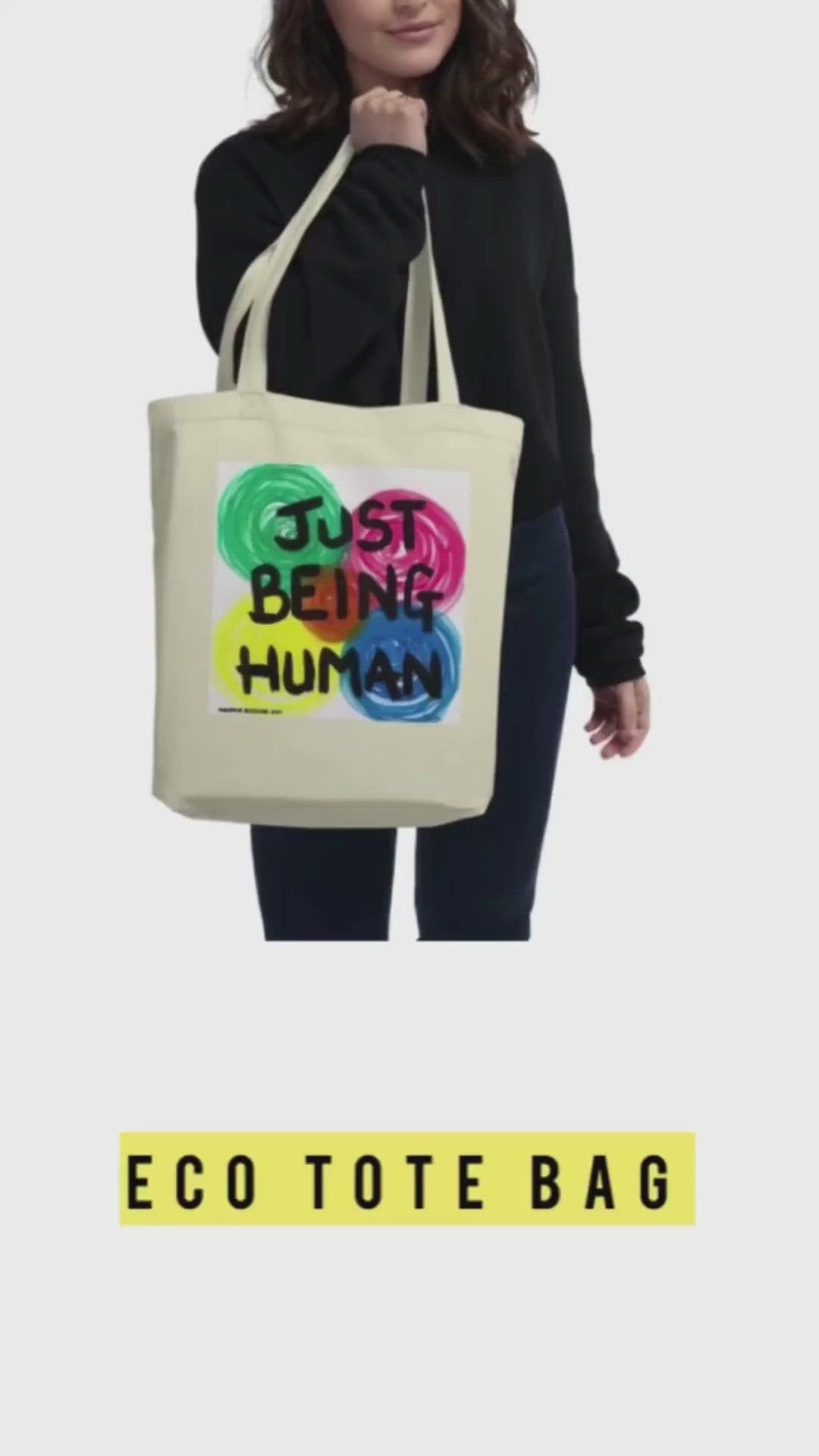 White tote bag 100% certified organic cotton with exclusive artwork "Just being human" print 