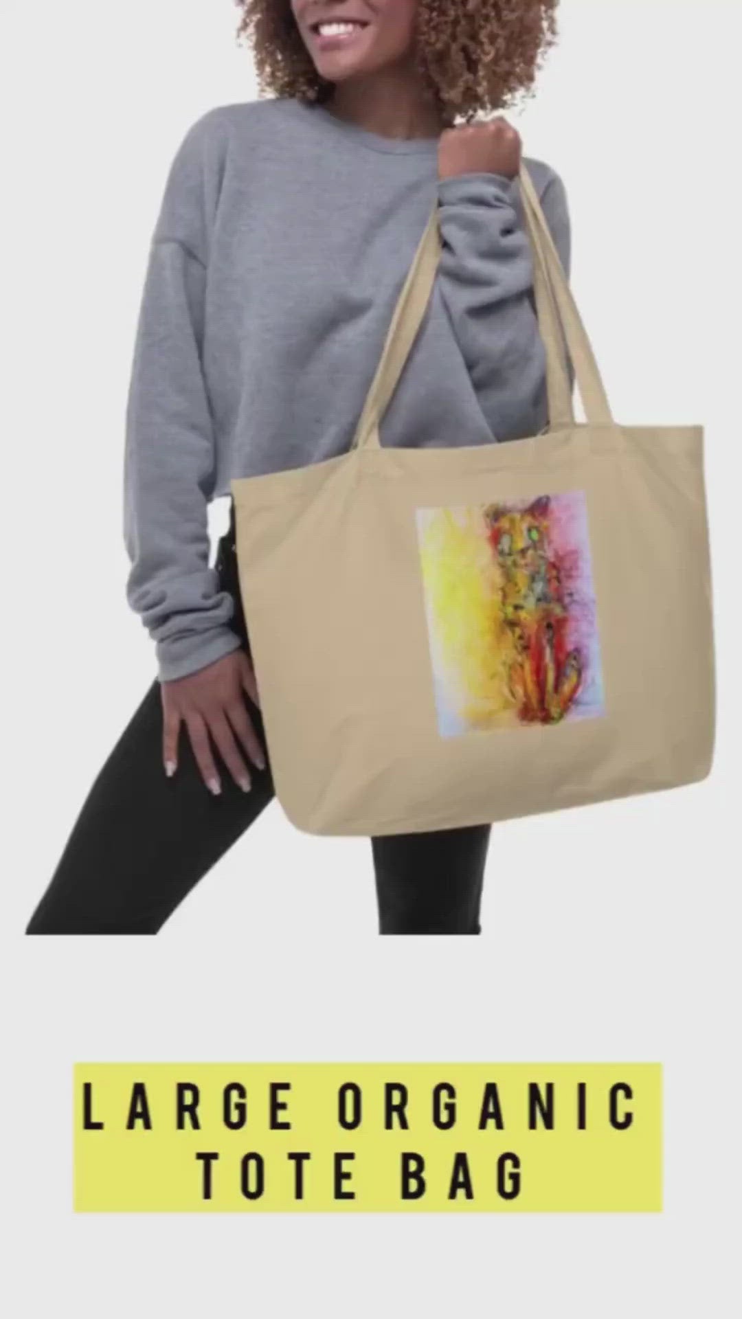 Large beige tote bag 100% certified organic cotton with exclusive artwork "Cheetah - The long wait" print 