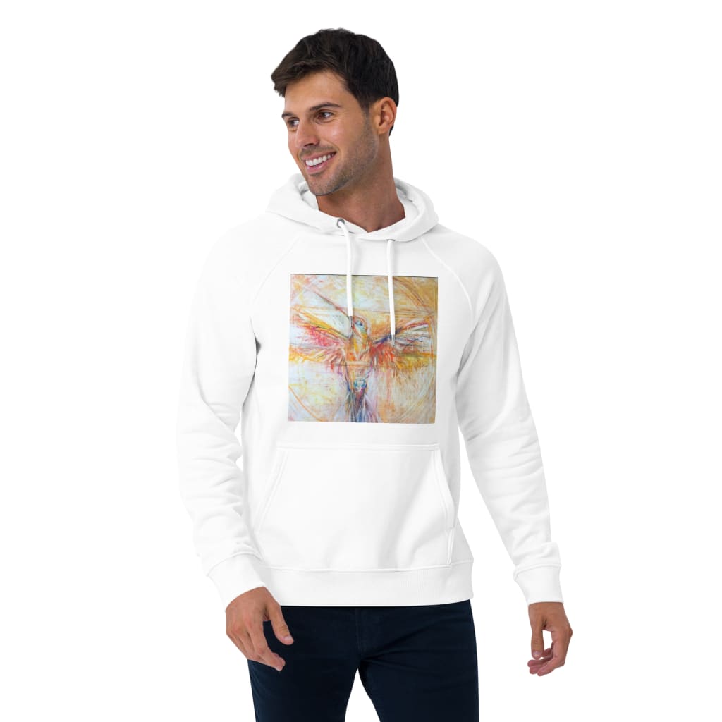 Eco-Friendly white unisex hoodie with exclusive artwork "The Hummingbird" print 