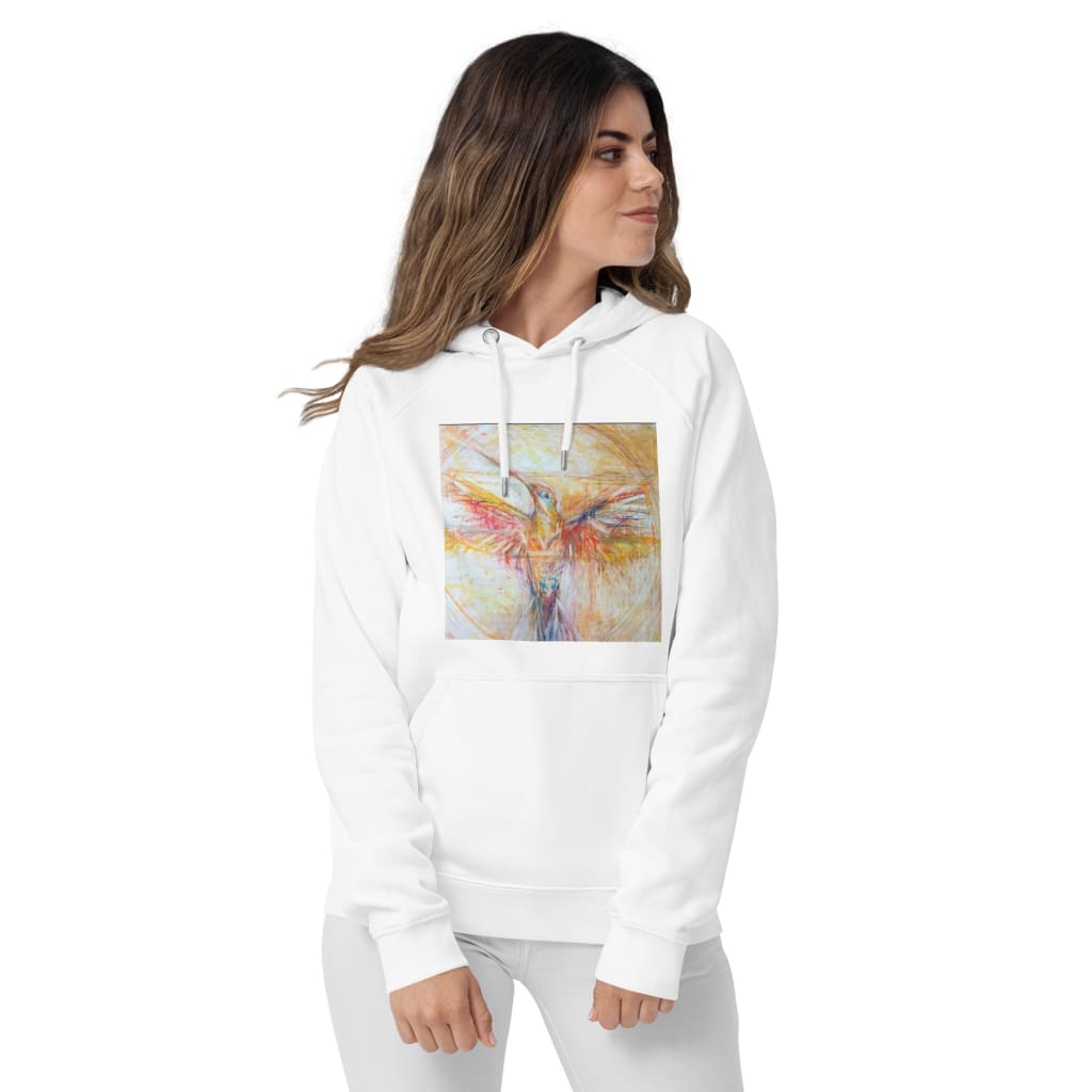 Eco-Friendly white unisex hoodie with exclusive artwork "The Hummingbird" print 