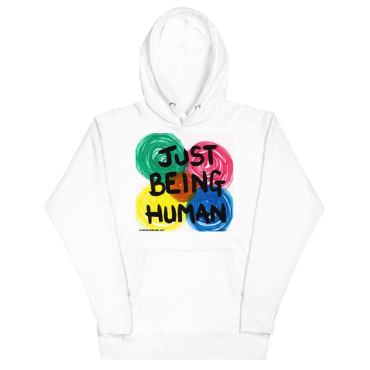 White unisex hoodie with exclusive artwork "Just being human" print 