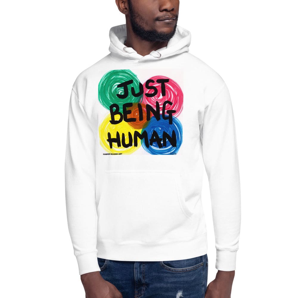 White unisex hoodie with exclusive artwork "Just being human" print 