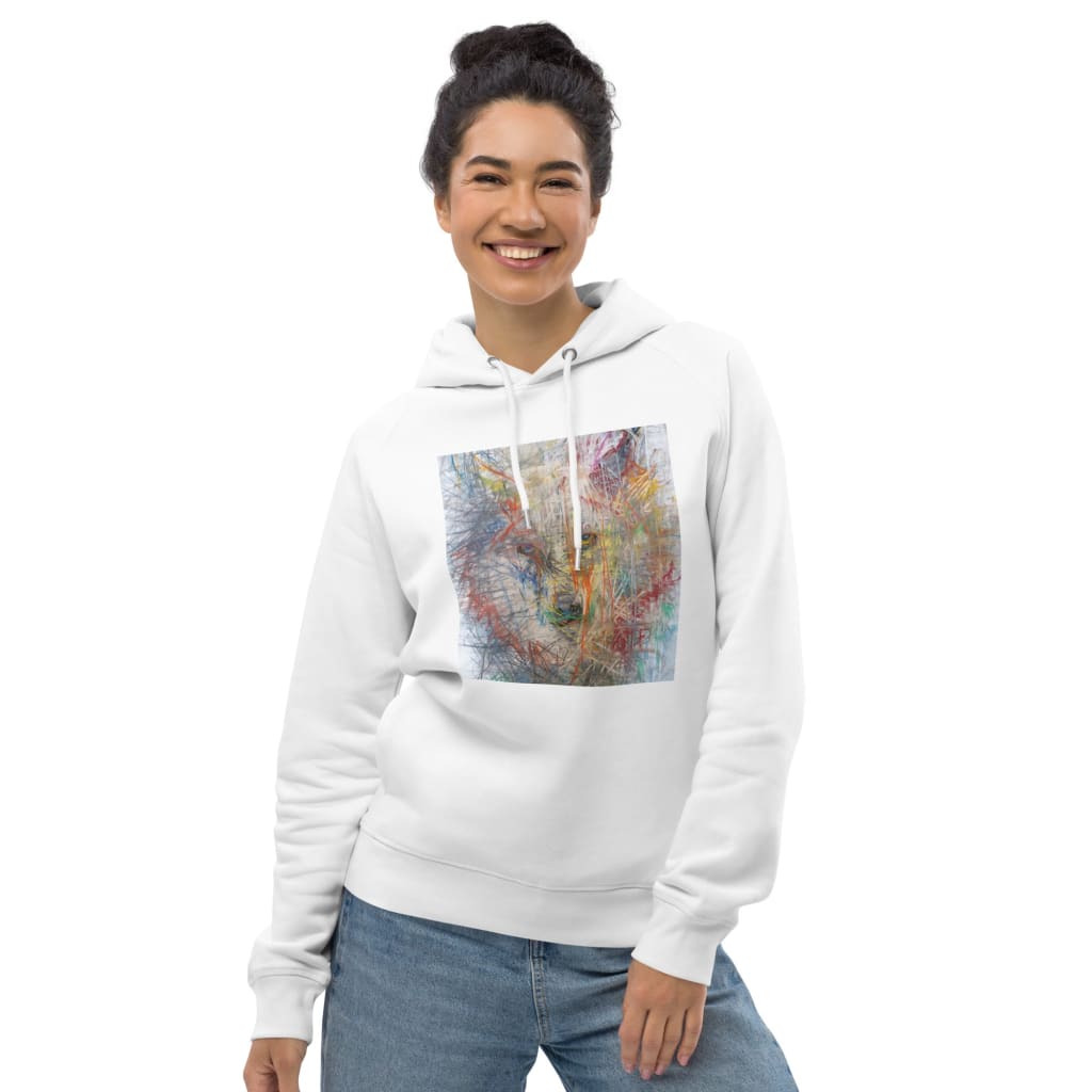 Eco-Friendly white unisex hoodie with exclusive artwork "Wolf Spirit" print 