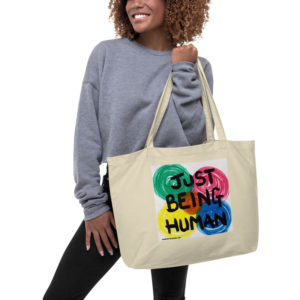 Large white tote bag 100% certified organic cotton with exclusive artwork "Just being human" print 