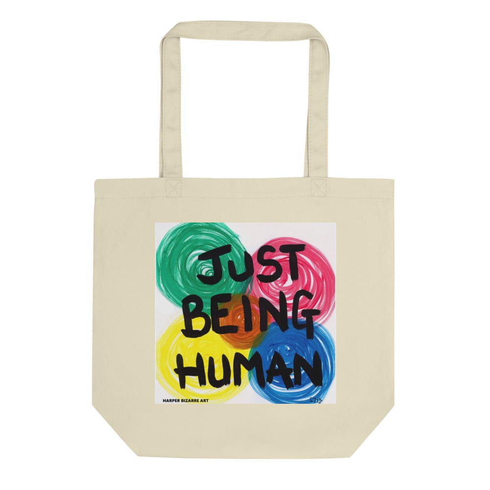 White tote bag 100% certified organic cotton with exclusive artwork "Just being human" print 