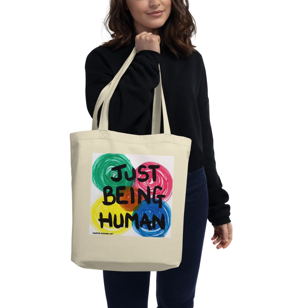 White tote bag 100% certified organic cotton with exclusive artwork "Just being human" print 