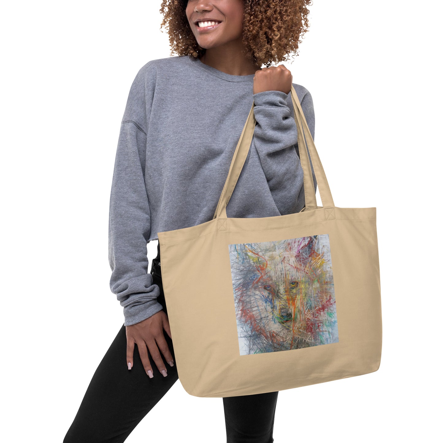 Large beige tote bag 100% certified organic cotton with exclusive artwork "Wolf Spirit" print