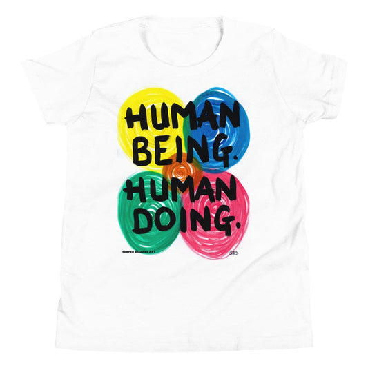 White Tee-shirt with exclusive artwork "human being, human doing' print 