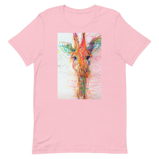 Pink unisex tee shirt with exclusive artwork "Real Gone Giraffe" print 