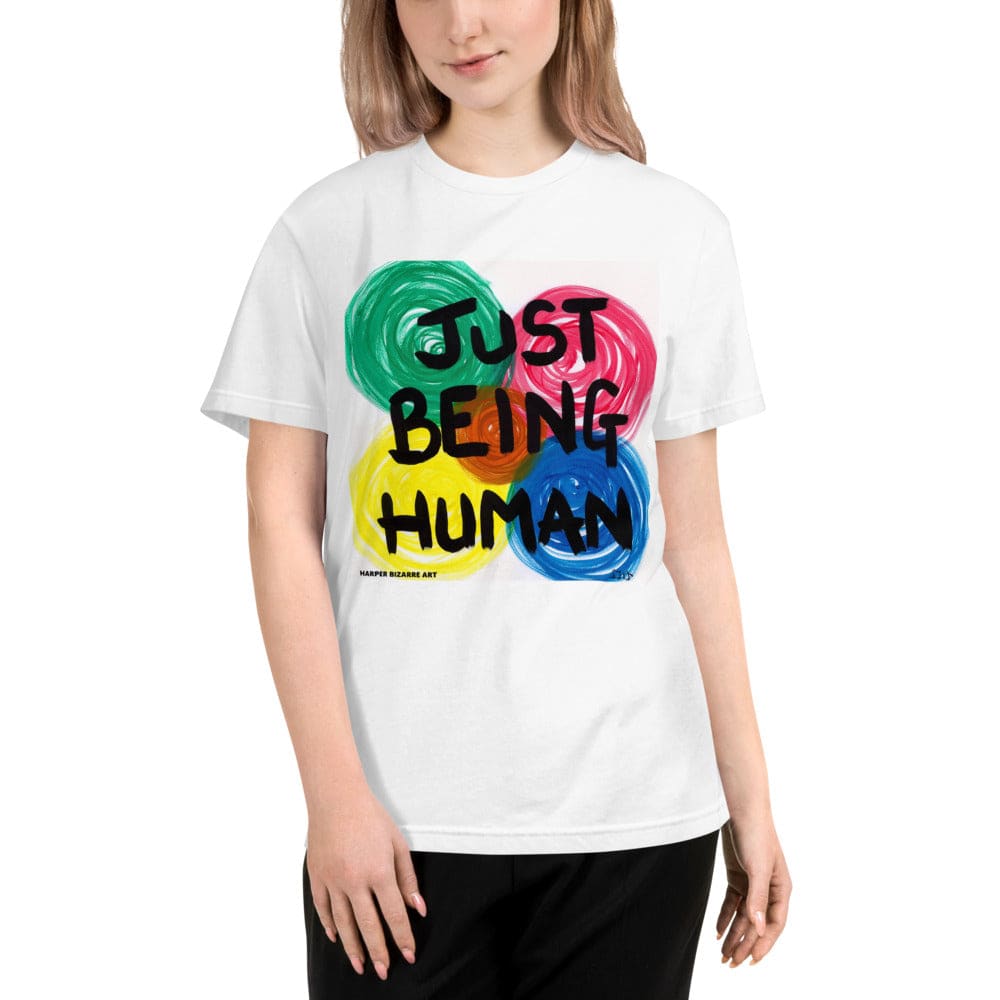 White tee-shirt with exclusive artwork "Just being human" print 