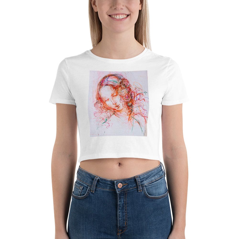 White crop top with exclusive artwork "Pink Leda" print 